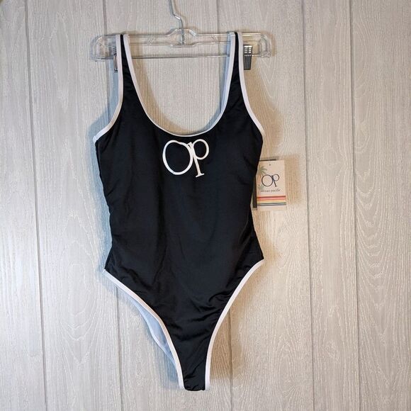 OP Ocean Pacific Scoop Neck One Piece Classic Swim Suit Black White SZ L NWT - Picture 3 of 8
